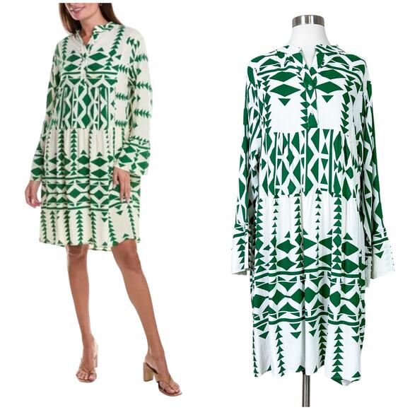 Anna Kay | Geometric White Green Bell Sleeve Flowy Short Designer Summer Dress L - Picture 1 of 12
